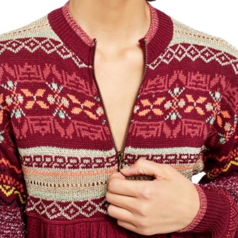 FREE PEOPLE Cabin Fever Metallic Pattern Thermal Sweater Pomegranate Wine, Small - Picture 2 of 4